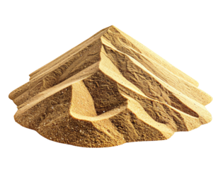 A large pile of light brown sand, sculpted into a pyramid shape, sits against a black background.  The sand's surface shows texture and subtle variations in tone