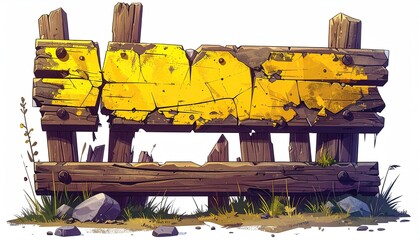 Weathered wooden sign with faded yellow paint, showing age and decay, rests on rustic fence posts amidst sparse ground cover and rocks