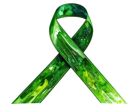 A vibrant, stylized green awareness ribbon, featuring flowing, marbled patterns