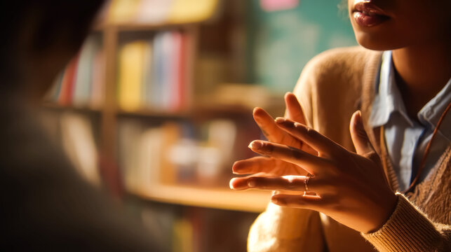 Man teaching sign language to a girl in library