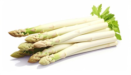 A bunch of fresh white asparagus spears, tightly bundled, with a small sprig of green foliage at the top, resting on a white background, casting a subtle shadow