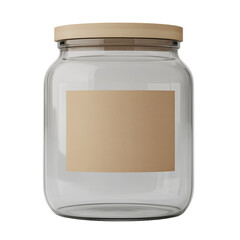 Eco friendly Clear glass storage jar with wooden lid and blank label isolated on transparent PNG
