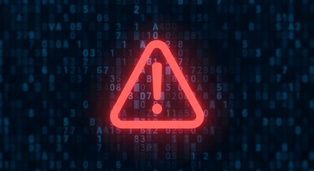 Cyber Security Red Warning Alert Symbol on Blue Digital Data Background