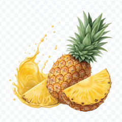 realistic delicious pineapple and slice with yellow juice splash in different style isolated on transparent background