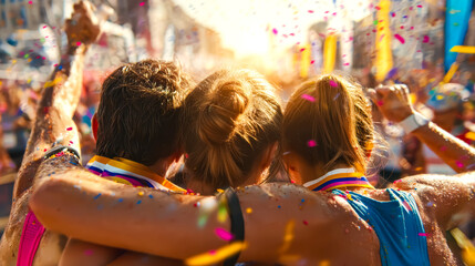 Fototapeta premium Triumph of Marathon Participants at Finish Under Confetti and Applause