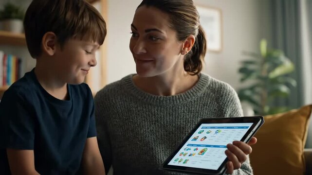 Mother checking school timetable child modern tablet cinematic family preparation scene. parent viewing academy schedule kid contemporary slate filmic domestic morning routine.