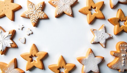 A group of gingerbread cookies arranged in a symmetrical pattern, Festive Holiday Gingerbread Cookies Decorated with Icing, Surrounded by Pinecones and Evergreen Foliage, created with generative ai