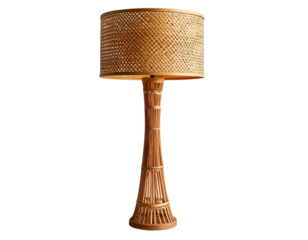 Tall rattan floor lamp with woven shade isolated on transparent background