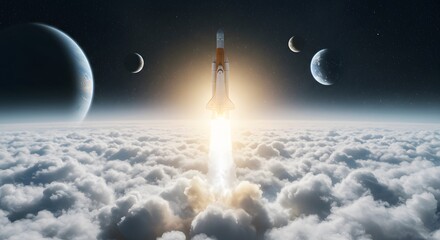 Rocket launch over clouds and planets