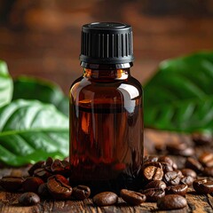 Amber glass bottle of coffee-scented oil rests on dark wood, surrounded by coffee beans and leaves
