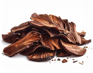 A haphazard pile of dark chocolate shards, irregularly shaped and varying in size, with small fragments scattered around the base against a stark white background