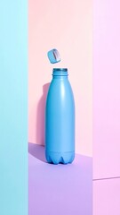 Pastel backdrop showcases a light-blue bottle with a small, square object levitating above its open top