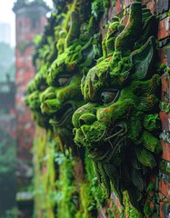 Moss-covered dragon carvings adorn a weathered brick wall, lush greenery framing the ancient, detailed sculptures