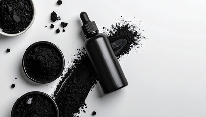 Black cosmetic bottle, surrounded by bowls and trails of dark charcoal powder on a white background