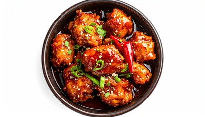 A dark bowl of glazed chicken pieces, garnished with sliced green onions and red chili peppers, sits against a white background.  The chicken appears tender and glistening