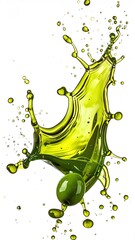 A vibrant green olive sits at the base of a dynamic splash of olive oil, against a white background