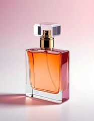 Amber perfume in a clear, rectangular glass bottle with a gold-topped sprayer, cast against a soft pink backdrop, showing a subtle shadow