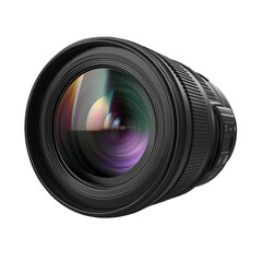 Professional camera lens with reflections isolated on transparent PNG background