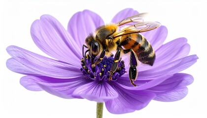 Honeybee meticulously pollinating a vibrant purple flower against a stark white background