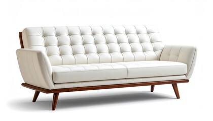 Off-white leather sofa with button tufting, mid-century modern design, dark wood legs, angled arms
