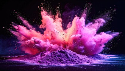 Vibrant pink and orange powder explosion erupting from a purple mound against a black background; dynamic, artistic