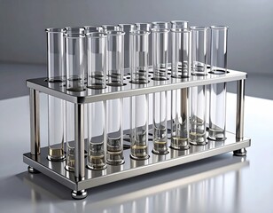 A stainless steel test tube rack holds sixteen clear glass tubes, some containing a pale yellow liquid, on a reflective surface