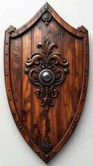 Ornate wooden shield with metallic accents, featuring a central carved design and studded border