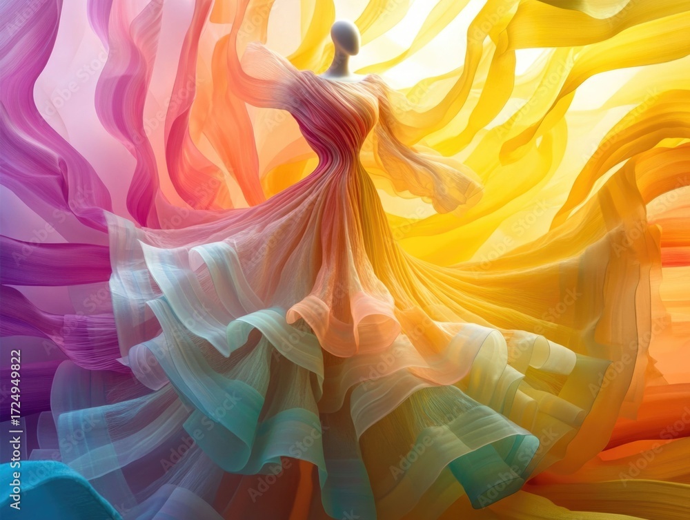 Poster striking abstract image of a flowing dress made of oversized layers of shimmering pasta creating a b