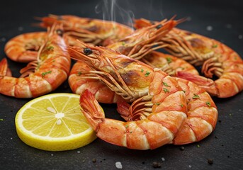 Fresh prawns served with lemon slices on a rustic table, perfect for seafood cuisine and gourmet dining.