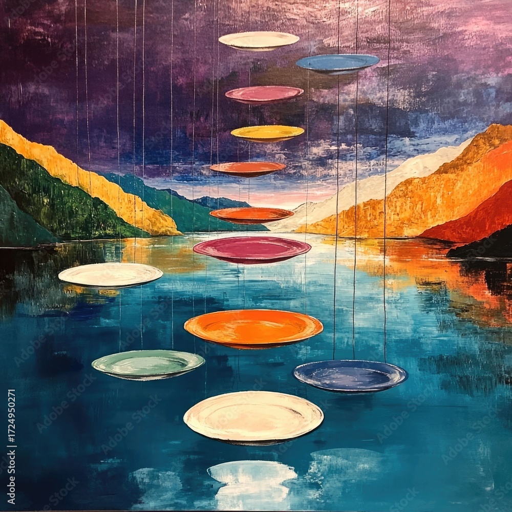 Poster surreal floating plates and cutlery painted in bold vibrant colors create a whimsical and imaginativ