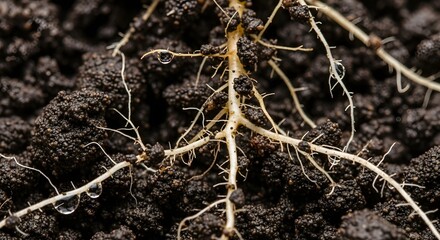 Fototapeta premium Intricate Network of Plant Roots Anchored in Rich Dark Soil, Essential for Growth and Nutrient Absorption, Symbolizing Life's Foundations