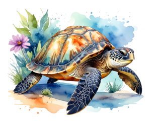 Watercolor turtle isolated on transparent background 
