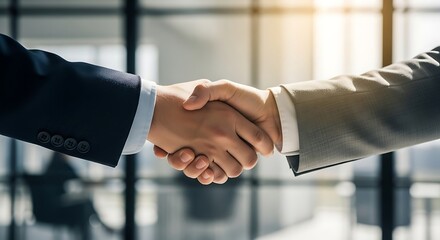 Close-up view of two businesspeople shaking hands, highlighting a professional agreement in a modern office setting.