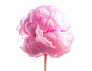 A vibrant pink cotton candy, fluffy and light, sits atop a stick against a black background
