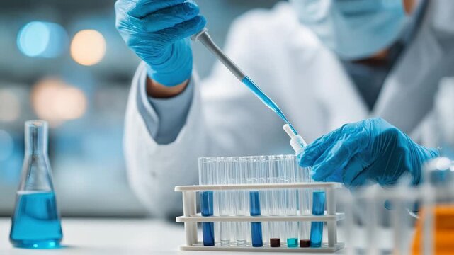 A scientist in a lab coat and gloves carefully uses a pipette to transfer blue liquid into test tubes