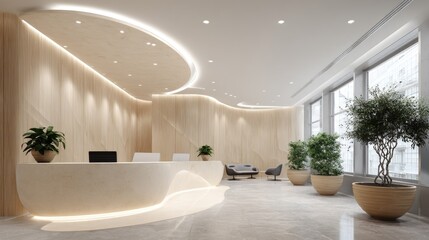 Modern Office Reception: Curved Design, Warm Lighting, Plants, Elegant Interior, Minimalist Aesthetic.