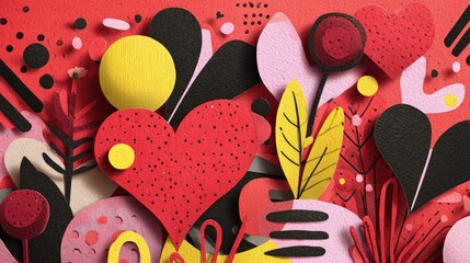 Layered Papercraft Garden of Love with Textured Hearts and Abstract Flora