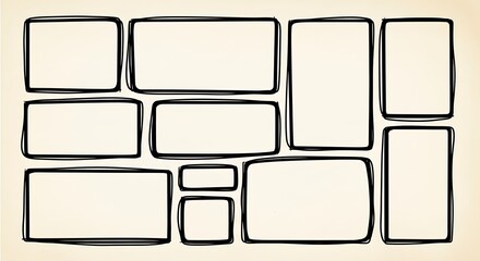 A collection of various sized, hand-drawn rectangular frames arranged in a light beige background.