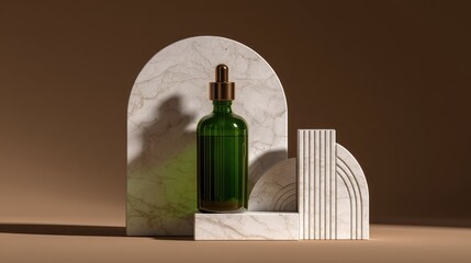 Serene Green Glass Bottle on Marble Archway: Minimalist Product Still Life