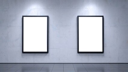 Two Blank White Poster Frames on Gallery Wall with Spotlights Mockup
