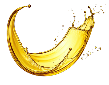 A dynamic golden liquid splash, with a flowing, curved shape against a black background
