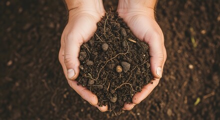 A person's cupped hands holding a handful of dark, fertile soil, a symbol of agriculture and environmental care