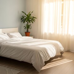 A sunlit bedroom, featuring a large plant and a pristine white bed, exudes tranquility and a sense of calm.