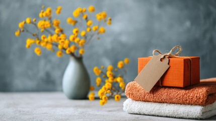 Orange Gift Box with Tag on Towels, Mimosa, Serene, Soft Lighting, Spa Concept.