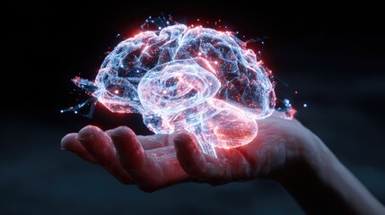 Luminous Brain:  Digital Art of a Hand Gently Holding a Networked, Glowing Brain