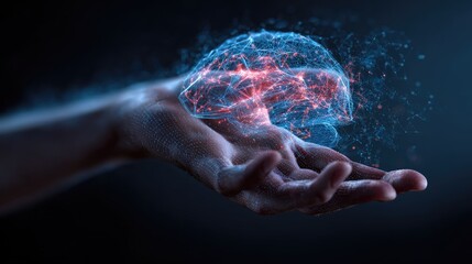 Digital Brain Hologram Held in a Hand, Futuristic Concept