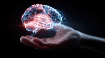 A Luminous Digital Brain Hologram Pulsing with Neural Activity, Gently Cradled in a Hand.