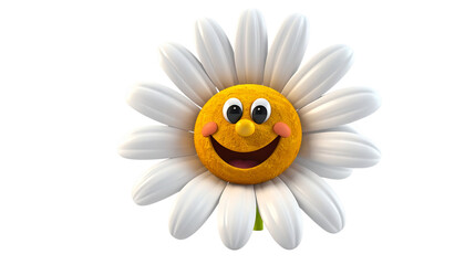 Cheerful yellow daisy smiles, a 3D render with transparent background. Great for social media, kid's products, posters.
