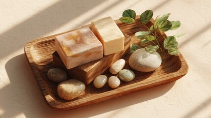 Sunlit Spa Still Life with Artisan Soap, Pebbles, and Greenery on a Textured Wood Tray