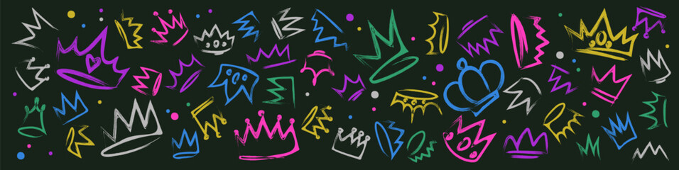 Colorful crown doodle set with royal zigzag patterns and dots on black bg for playful monarchy design. Hand drawn regal symbols with neon outlines for party decoration or street art style graphics.